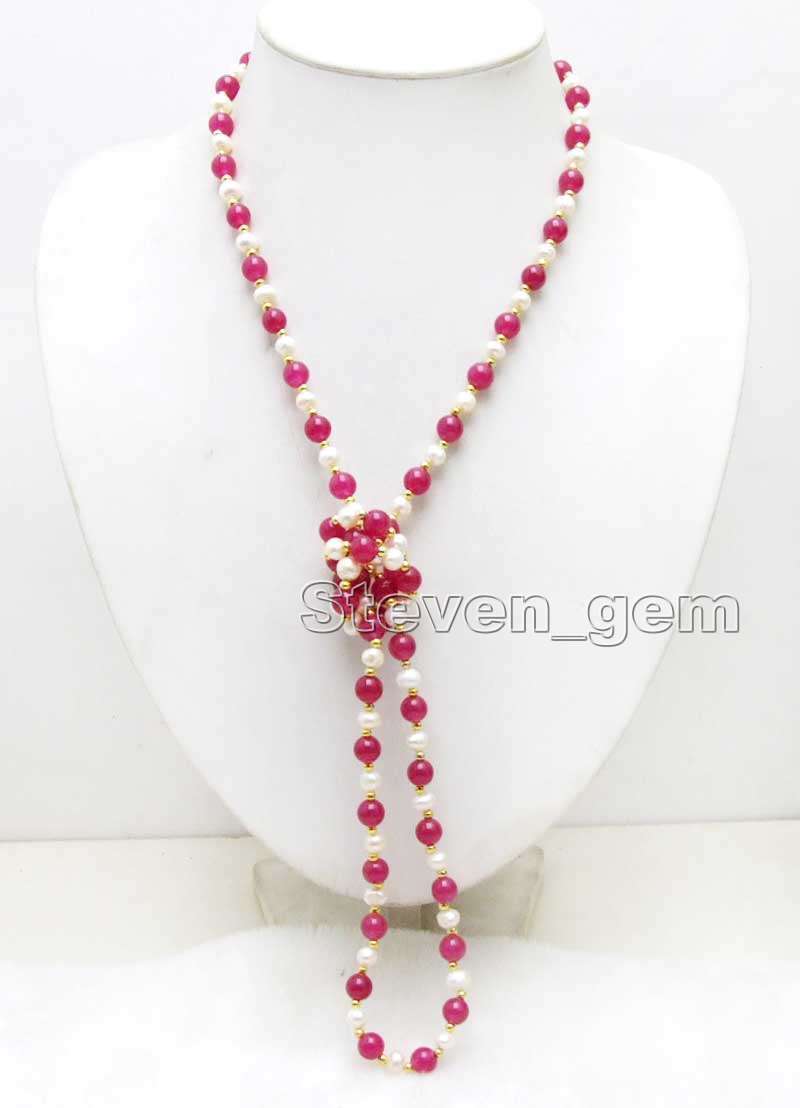 6mm White Natural Pearl Necklace for Women Yellow Tiger's-eye Long Necklace 40''