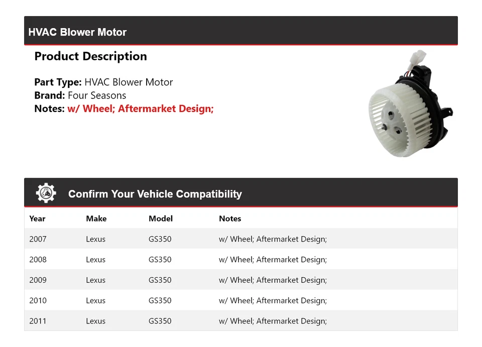For 2007-2011 Lexus GS350 HVAC Blower Motor 4 Seasons 2008 2009 2010 - Image 2 of 4