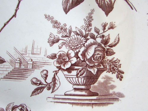 Ancien Plat Lyon Terre de Fer Décor sépia floral avec oiseau sur la branche - Imagen 8 de 12