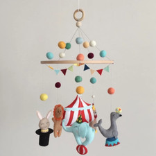 Handmade Felt Baby Mobile–Circus Theme Elephant,Lion,Rabbit|Music Box Is A Gift