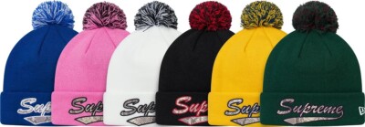 Supreme x New Era Beanie Snake Script Logo FW17 Red Black Pom Pom