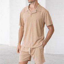 Men Summer Outfit 2-Piece Set Short Sleeve Waffle Shirt and Shorts Sweatsuit Set