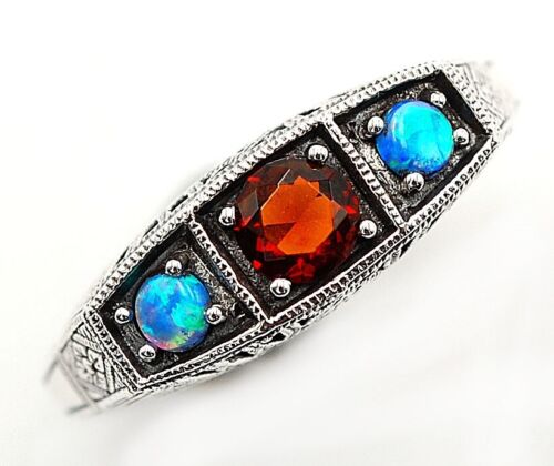 1CT Natural Fire Garnet & Opal 925 Sterling Silver Nouveau Style Ring Sz 6 FT1