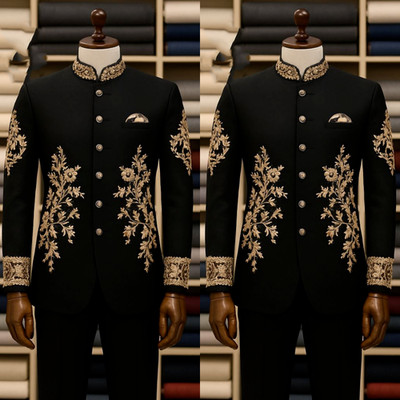 Black Men's Suit with Gold Embroidery Hosting Jacket Pants Wedding Groom 2Pcs