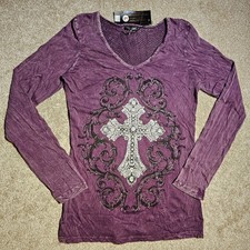 Vtg NWT 90s VOCAL Crystal agothic Cross Rocker Top Burnout Shirt Y2k Grunge Emo