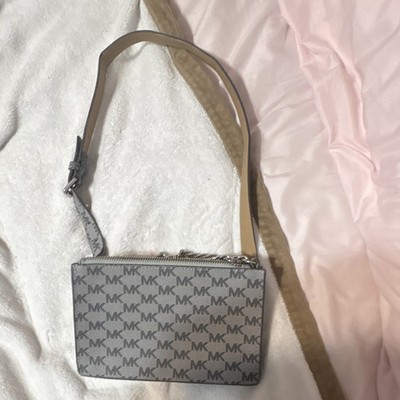 Michael Kors Gray MK Monogram Zip Shoulder Bag w/ Chain Strap, Silver Hardware