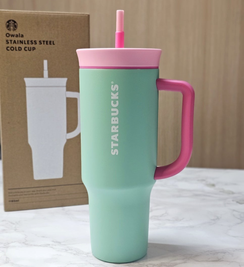 STARBUCKS Korea 2025 Summer Mint Pink Owala Travel Handle STARBUCKS Korea 2025 Summer Mint Pink Owala Travel Handle