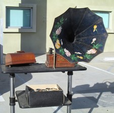 Thomas A Edison Standard Cylinder Phonograph + Case + Large Horn + 24 Records