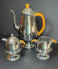 Vtg Art Deco Farber Bros Krome Kraft 3 Piece Tea Set Blond Bakelite Handles