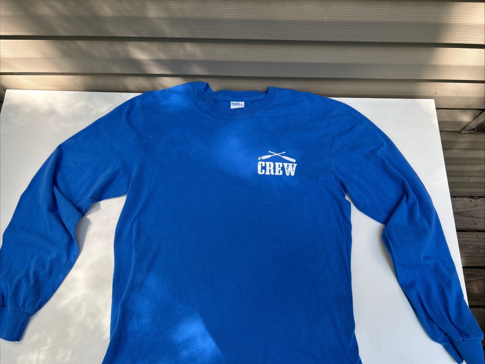 FILA T shirt Trader Joe's Crew Worker manica lunga remi blu media