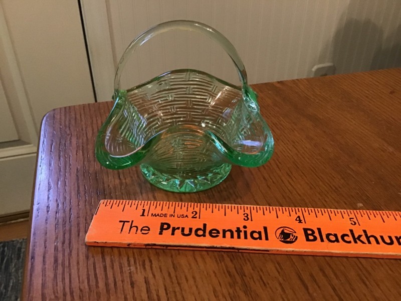 Vintage Miniature Mini Glass Basket Square Basket Weave Green 3 1/4" Tall