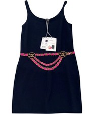 NEW Chanel Cashmere 23N Blue Pink Gold Chain belt CC Crystal Logo Dress FR40 NWT