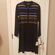 Y2K Wool Blend Long Sleeve A-Line Knit Dress Black Colorblock Stripes Sz S NWT