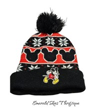 Boys Disney Mickey mouse beanie with pom pom. Black red. Euc. Free shipping