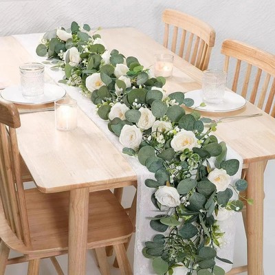 Künstliche Eukalyptus-Girlande mit weißen Rosen, Blattkranz Deko