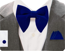 Mens Solid Plaid Velvet Pre-tied Adjustable Bow Tie and Pocket Square Cufflink S