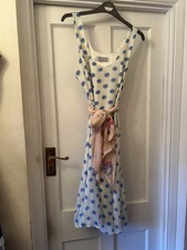 Jasmine Guinness  Cream & Blue Polka Dot Silky Sleeveless Dress/Pink Scarf,14