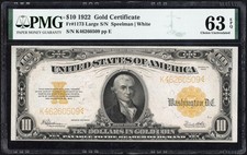 1922 $10 Ten Dollar Michael Hillegas Gold Certificate Note Fr1173 PMG UNC 63 EPQ