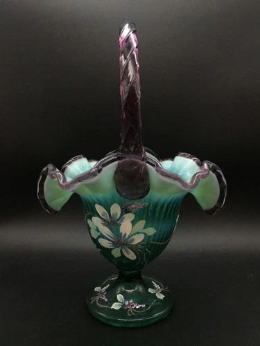 FENTON DRAGONFLY GREEN ART GLASS BASKET: (NEW CENTURY) HAND PAINTED SIGNED E4639
