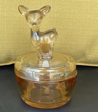 Vintage Jeanette Marigold Carnival Glass Deer Fawn Vanity Powder Jar Dish