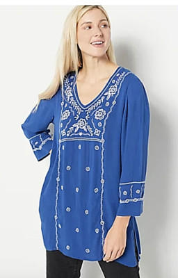 Susan Graver Embroidered Crinkled Gauze V-Neck Tunic Royal Sapphire Choose Size
