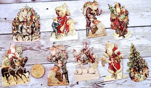 9-Christmas-Victorian-Fussy Cut-Embossed-Scraps-Santa-Tree-Glittered-Stickers