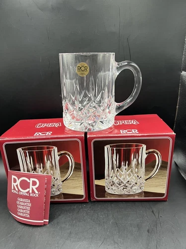 2 Crystal Mugs By RCR Royal Crystal Rock, Made In Italy, 12 oz