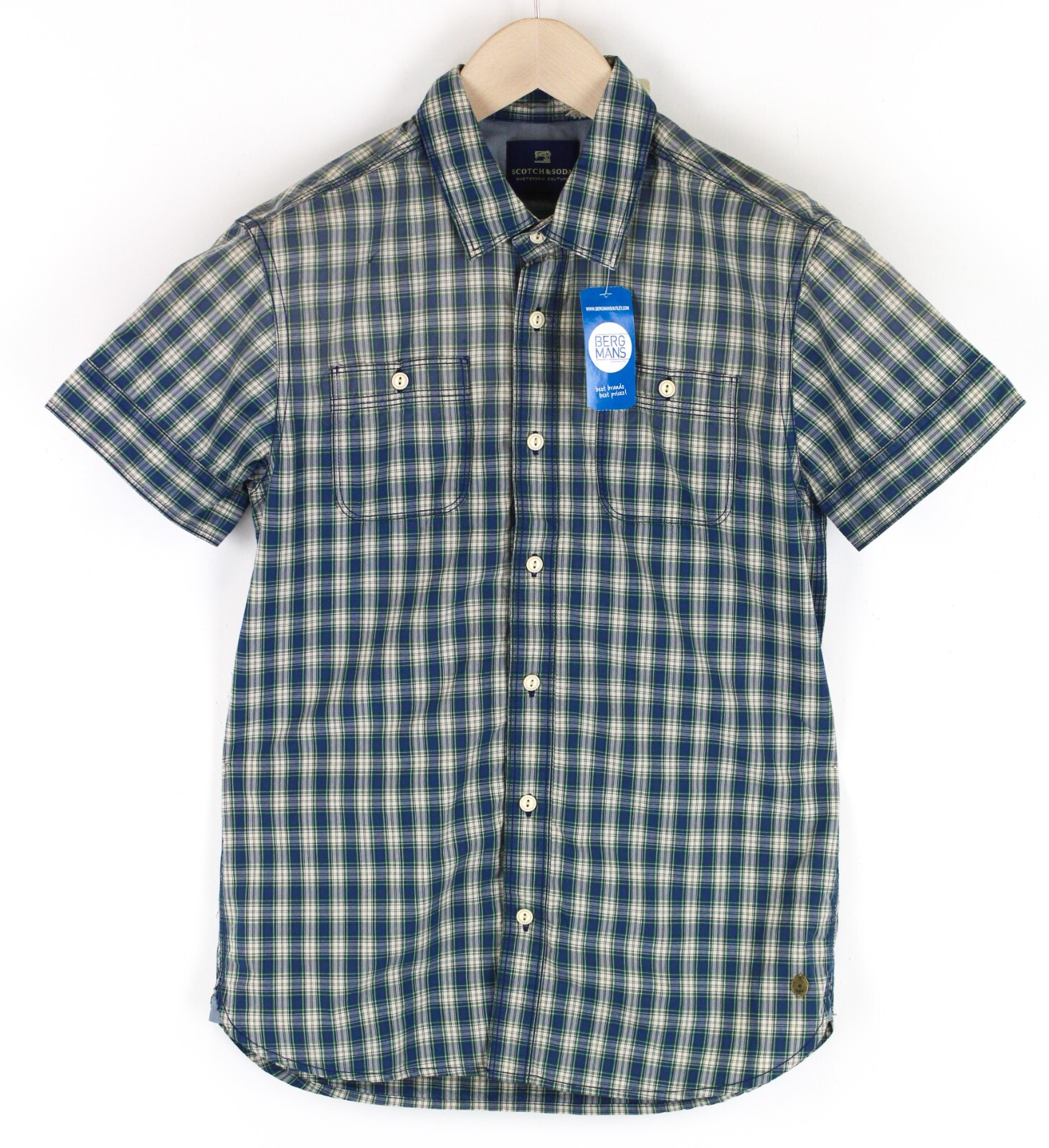 Scotch&Soda Ams Couture S Hombre Camisa Azul Algodón Puro Manga Corta a Cuadros