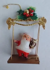 Vintage Santa Ornament Plastic Hong Kong Swing Holly Leaf Harp MCM