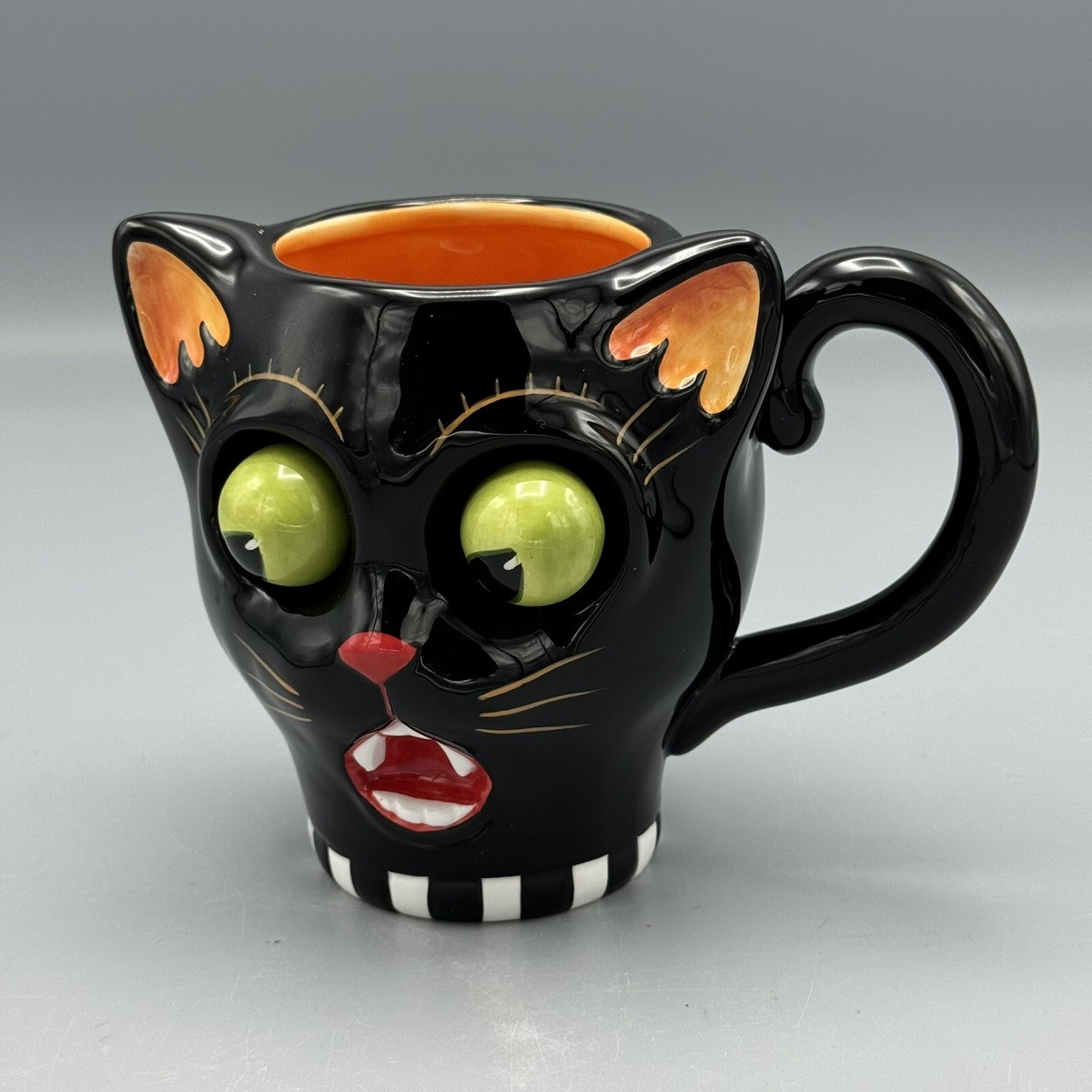 Vtg Dept 56 Halloween Black Scaredy Vampire Cat Mug Googly Green