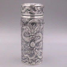 Solid 999 Fine Silver Drinking Cup Dragon Pattern Vacuum Water Bottle 6.7inch