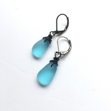 Handmade Dark Style Sea Glass Earrings Wrapped Copper Wire, Beach Glass Jewelry