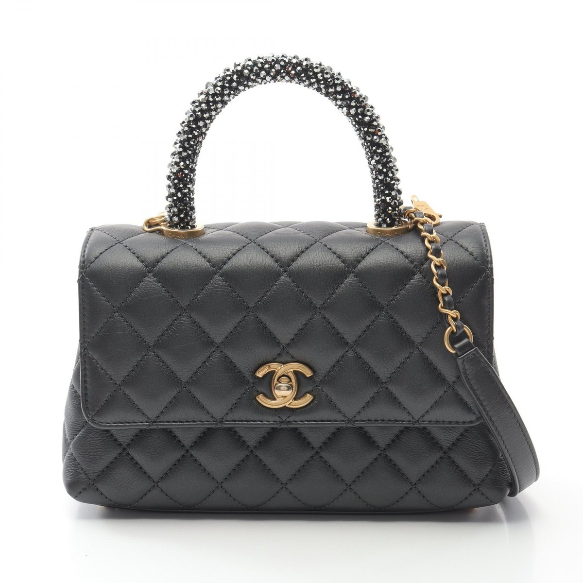 CHANEL Coco Handle Flap Matelasse Hand bag A92990 Lambskin Black Used GJW