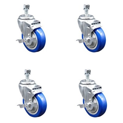 4 Inch Blue Polyurethane Swivel ½ Inch Threaded Stem Caster Set with Brake SCC