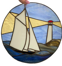 Stained Glass Sailboat Lighthouse Ocean Hanging Suncatcher 10  Round