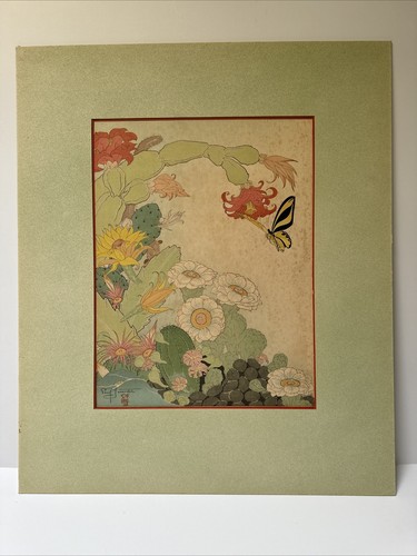 PAUL JACOULET WOODBLOCK PRINT DAMAGED AS IS MOUNTED PLUS FOXING RARE FLORAL - Picture 2 of 16