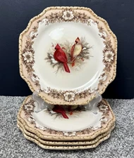 Set of 4 Cracker Barrel 10.5" Dinner Plates Cardinals Winter Christmas