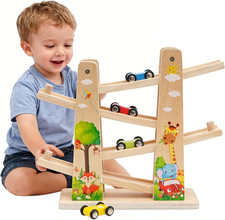Kugelbahn Holz, Premium Holzspielzeug mit 4 Autos, Autorennbahn Holz Spielzeug