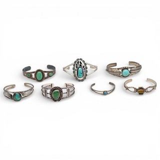 7 NATIVE AMERICAN HOPI NAVAJO TURQUOISE CUFF BRACELET LOT STERLING SILVER