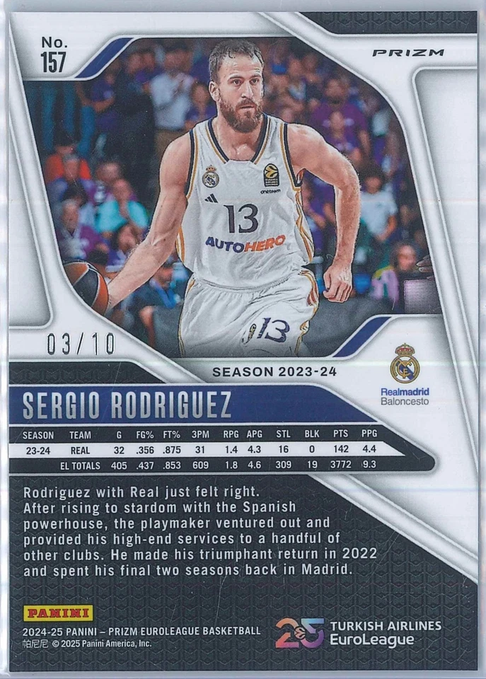 2024-25 Panini Prizm Euroleague Basketball Sergio Rodriguez Gold 3/10 #157 - Image 3 of 3