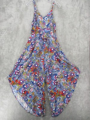 Ivy Street Jumpsuit Womens Large Wide Leg Hippie Gaucho Drop Crotch Boho Blue