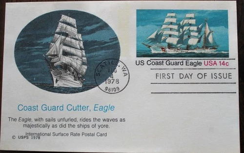 1978 1st day post Card UX 76 Art Craft Cachet US Coast Guard Barque Eagle