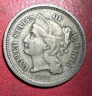 1868 US Three Cent Nickel Piece! FINE! "Odd" Denomination! Old US Coin!
