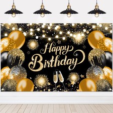 Lecheme Happy Birthday Banner Glitter Black Gold Happy Birthday Backdrop Phot...