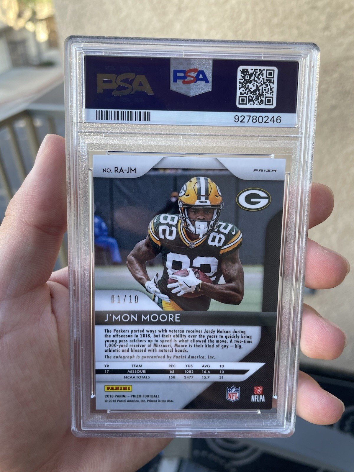 2018 Panini Prizm #JM J’mon Moore Prizm Gold Rookie Auto /10 PSA 9 view 2