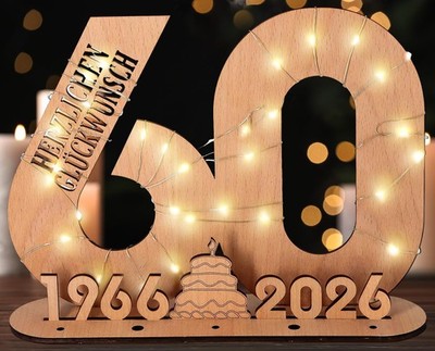 60 Geburtstag Deko Holz-Schild mit LED Lichterkette Geldschenk