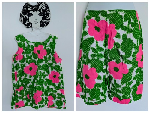 Vtg Made in Hawaii Hawaiian Bright Green Pink Flowers 2pc Set Playsuit 70s L/XL