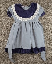 Vintage Girls Sz 6 A Line Puff Sleeve Gingham Dress Blue White Velvet Bib Front