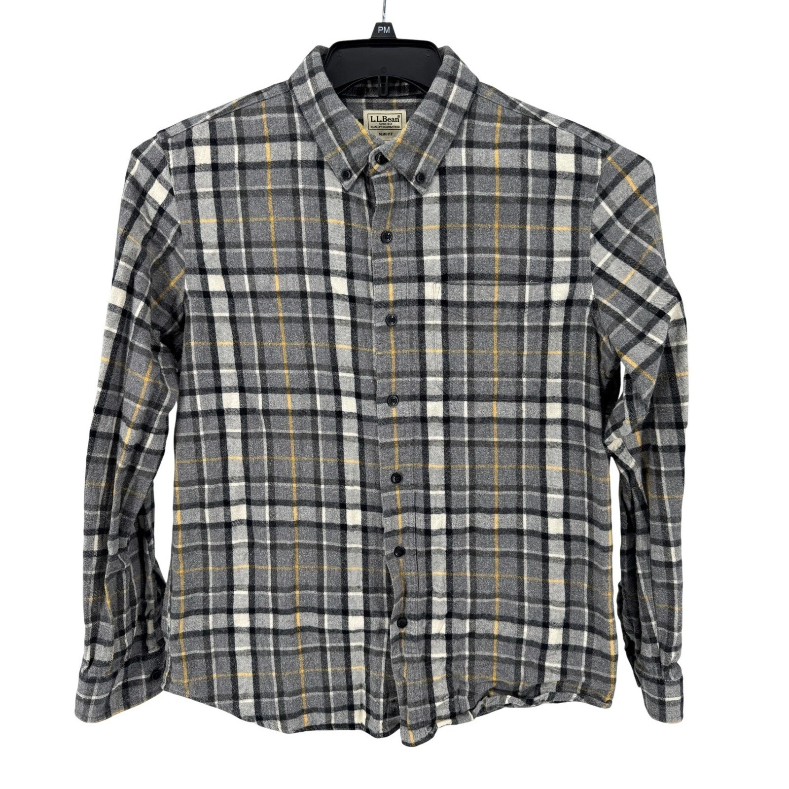 LL Bean Flannel Shirt Medium Grey Black Yellow Plaid Long Sleeve Mens Slim Fit