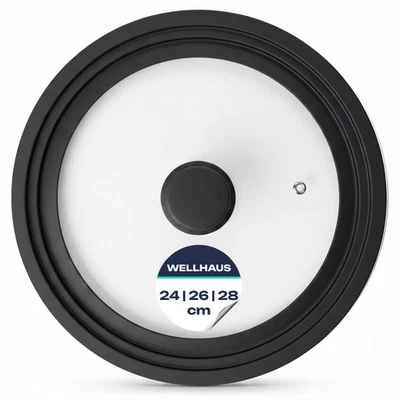NEUF WELLHAUS Couvercle en verre universel 24 26 28 cm noir bord silicone valve - Photo 1/4